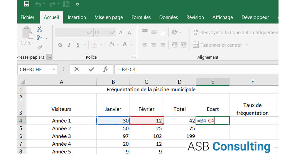 Réaliser des calculs simples sous Excel - Chapitre 2 : Les soustractions