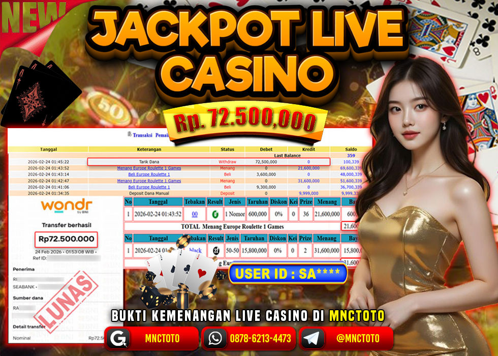MNCTOTO JACKPOT LIVE GAME EUROPE ROULETTE 1 Rp.72.500.000,- LUNAS
