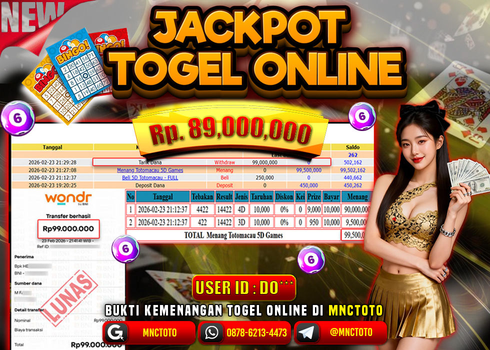 MNCTOTO JACKPOT TOGEL TOTO MACAU 5D Rp.99.000.000,- LUNAS