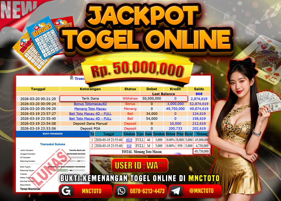 MNCTOTO JACKPOT TOGEL TOTO MACAU 4D Rp.50.000.000,- LUNAS