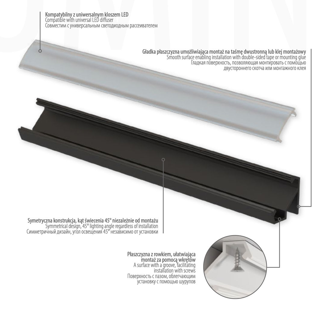 Aluminiowy kanał LED kątowy + Klosz - Konfigurator na wymiar - miniatura 4