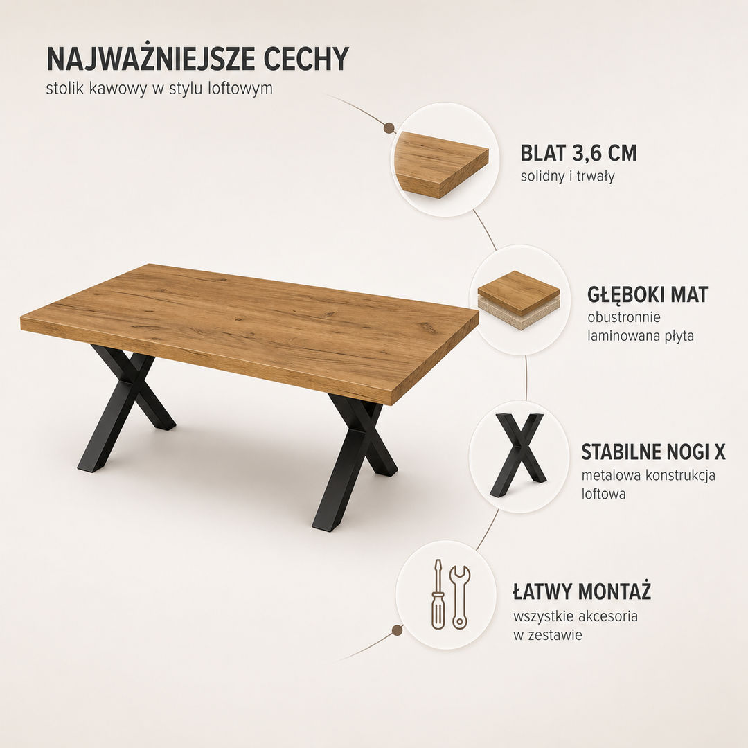 Stolik kawowy na wymiar – blat dąb złoty craft, grubość 3,6 cm - miniatura 4