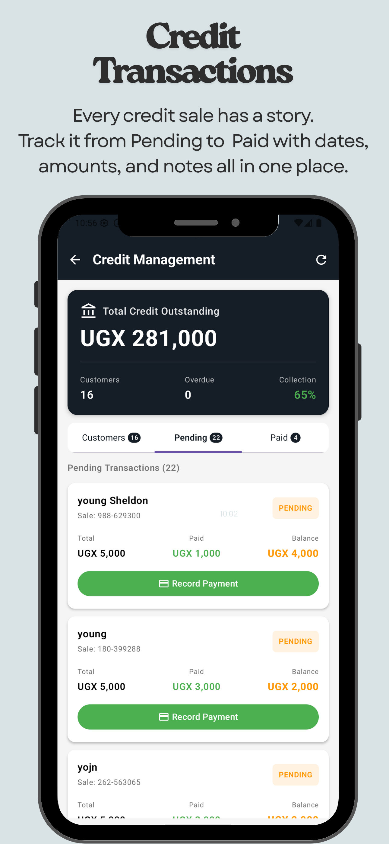BiznessBook credit sales management screen with customer balances