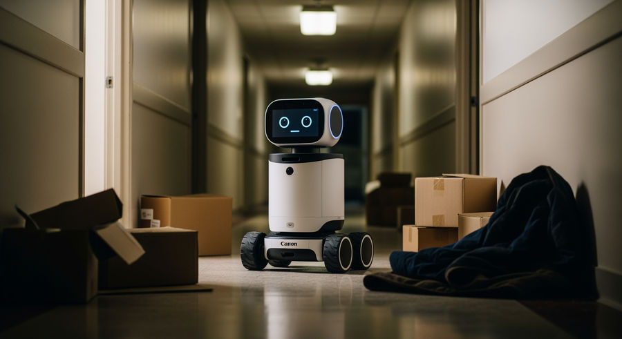 Astro robot patrolling hallway, demonstrating autonomous movement and obstacle navigation