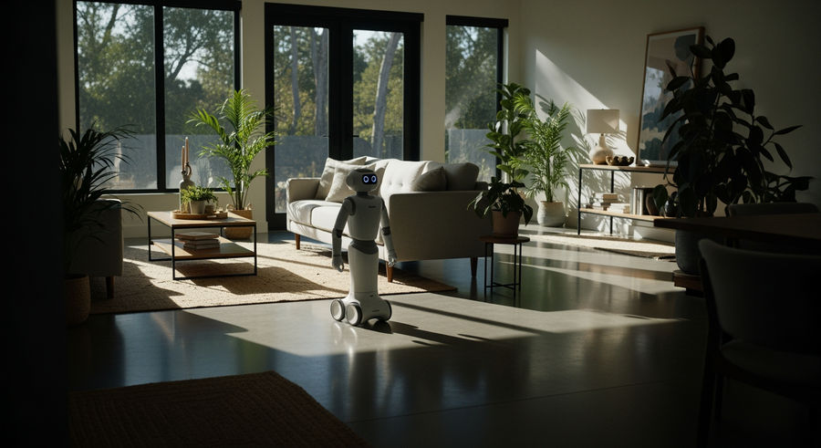 Astro navigating open-plan home, showcasing integration into everyday environments