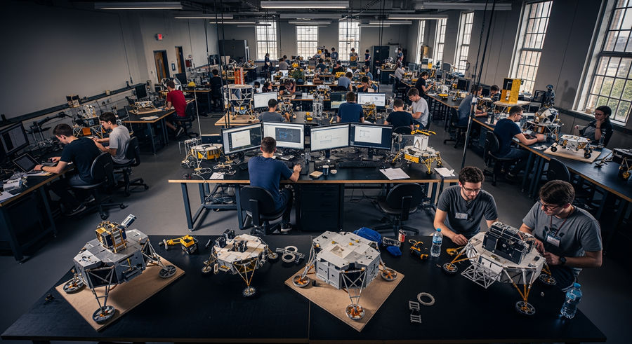 university lab with multiple lunar lander models and diverse designs