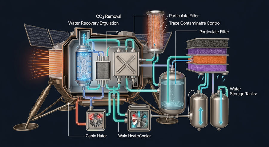 cross-section of lunar lander environmental control and life support system