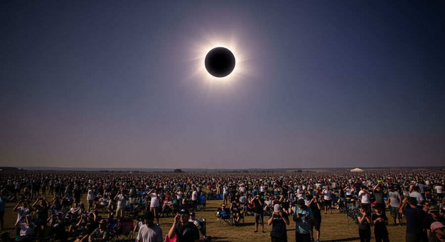 crowd gathered in field to view solar eclipse