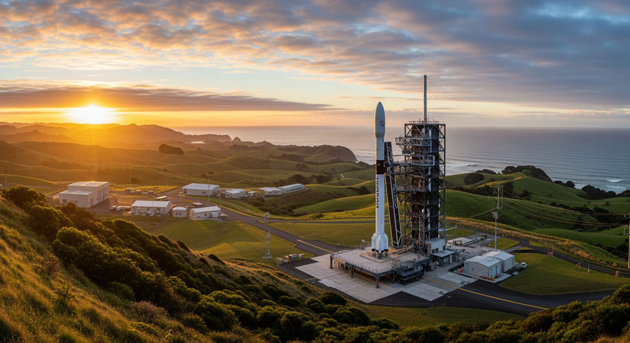 Rocket Lab launch site with rocket on launch pad