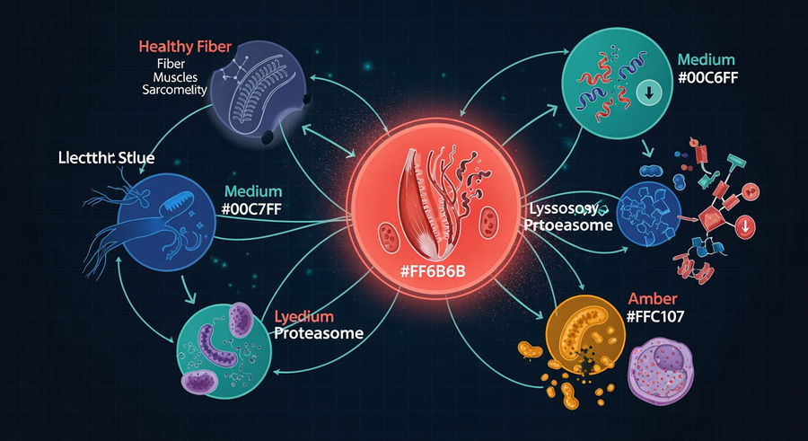 Process flow of muscle breakdown in microgravity with labeled stages