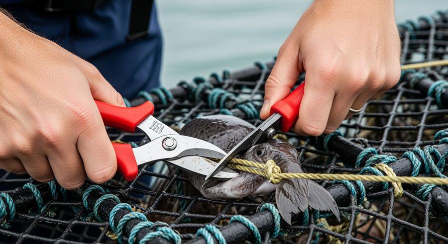 Rescuers cutting crab pot lines with specialized tools