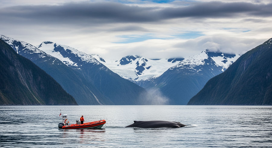 Endicott Arm landscape with rescue boat and whale