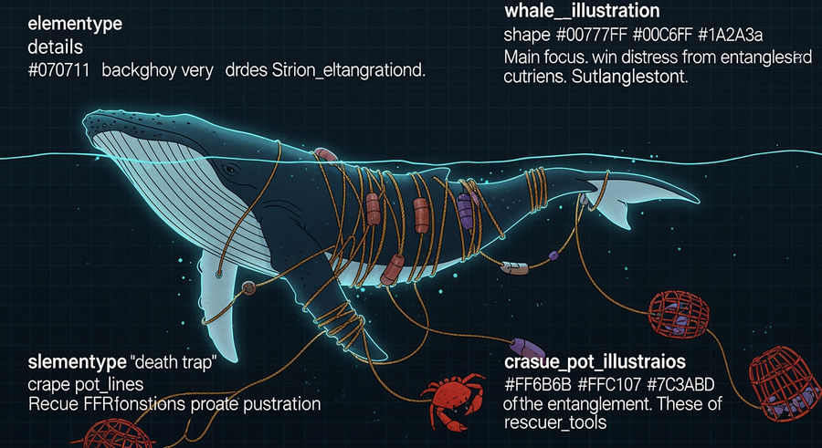 Diagram of crab pot lines entangled around whale