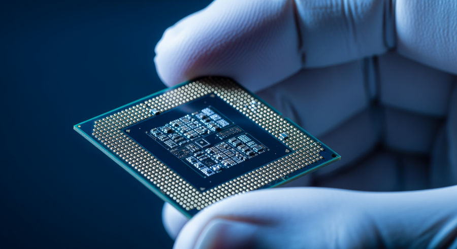 Close-up of semiconductor chip in gloved hand
