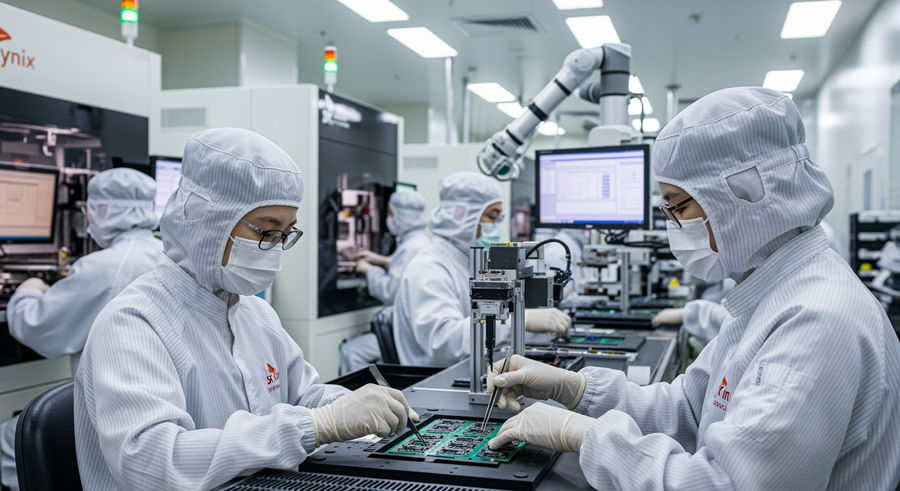 Technicians on SK Hynix semiconductor assembly line
