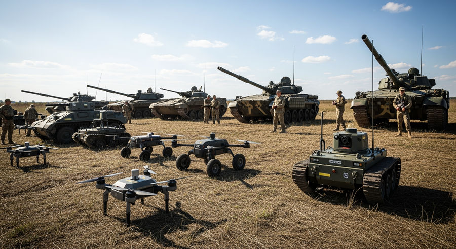Multiple autonomous ground vehicles with soldiers in Ukrainian field