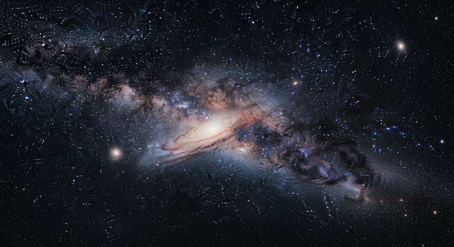 galaxy in cosmic neighborhood with celestial bodies