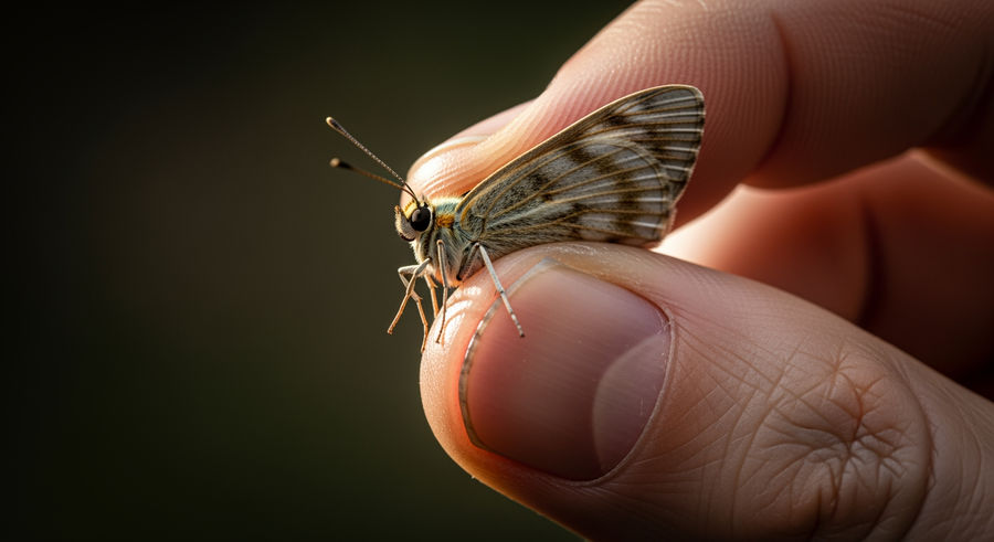 close-up of insect wings and antennae in researcher's hand