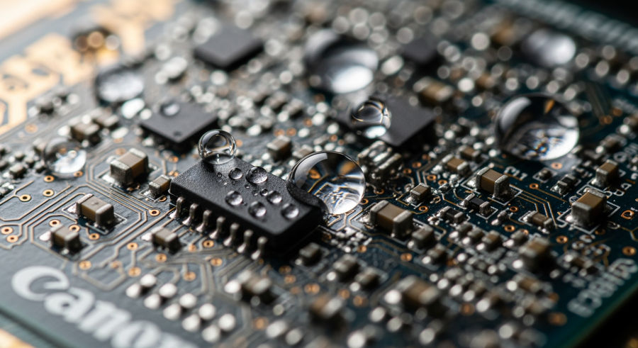Close-up of sensor circuitry with water droplets