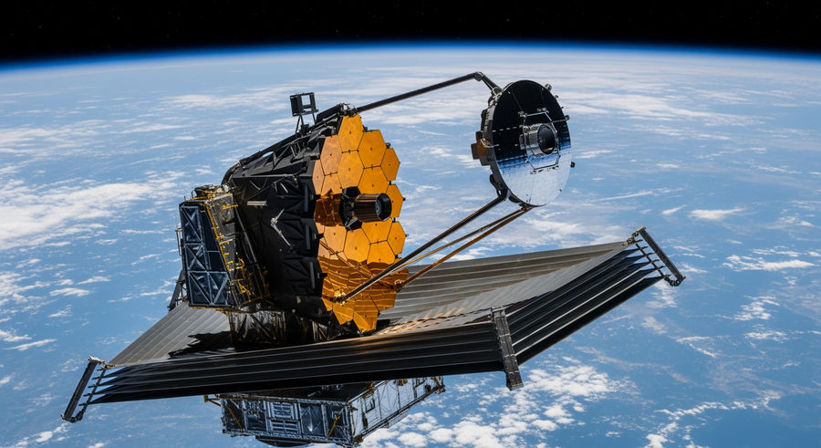 James Webb Telescope in orbit relative to Earth showing space vastness