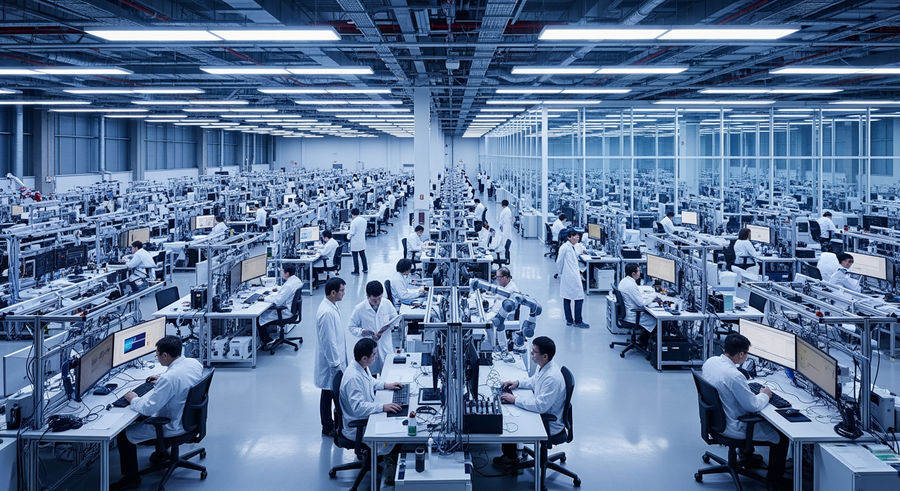 large-scale solid-state battery facility with testing stations and researchers