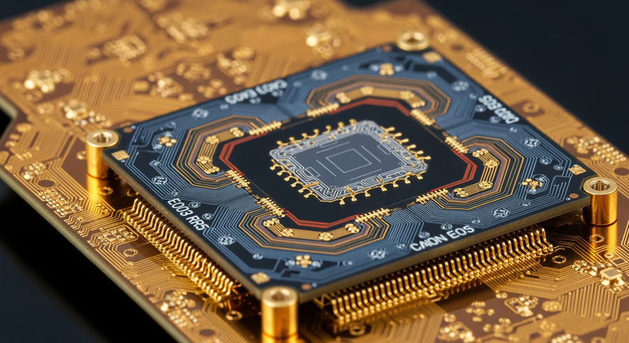 Close-up of a qubit chip with superconducting loops and gold connections