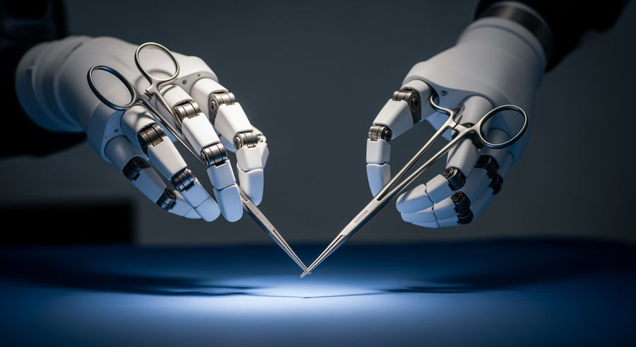 close-up of robot hand holding surgical instruments