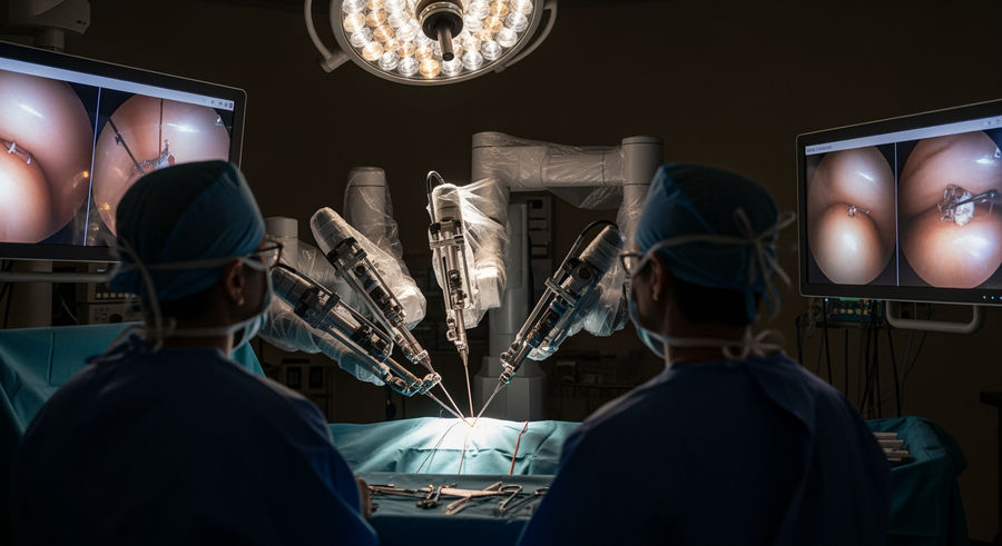 robot making incision with human surgeons monitoring remotely