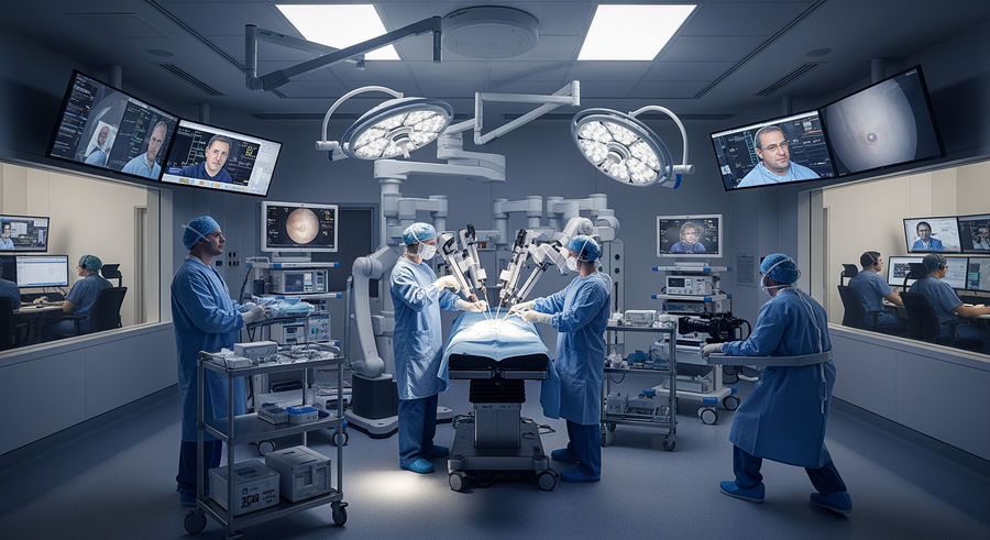 multiple humanoid robots and human operators in surgery room