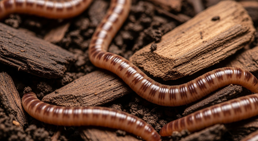 Close-up of earthworms on wood chips highlighting their texture and color