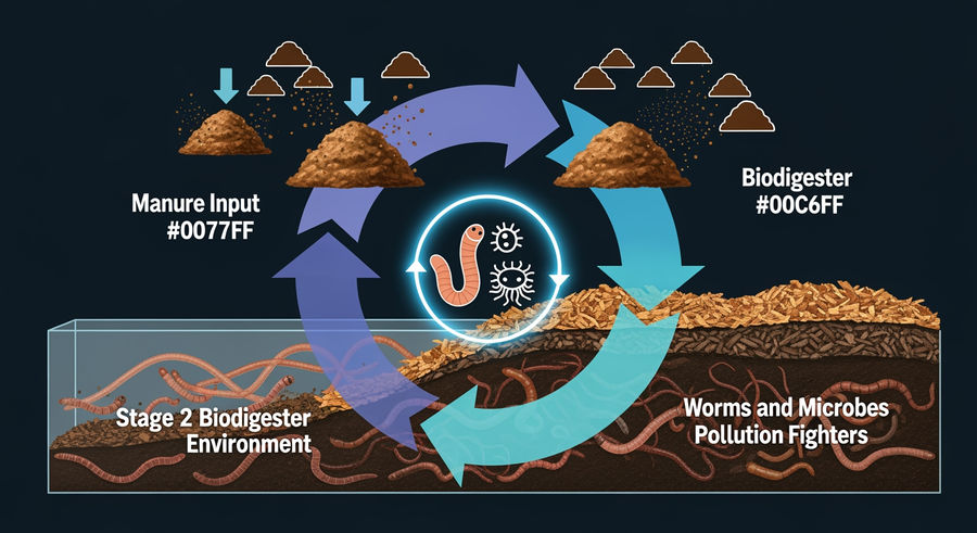 Process flow of using worms and microbes for manure pollution control