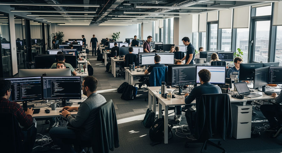Tech office with coders using AI tools like Spark 1.1