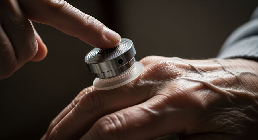 close-up of robot tactile sensor interacting with elderly hand