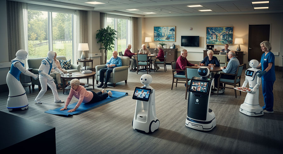 multiple robots interacting with seniors in communal living space