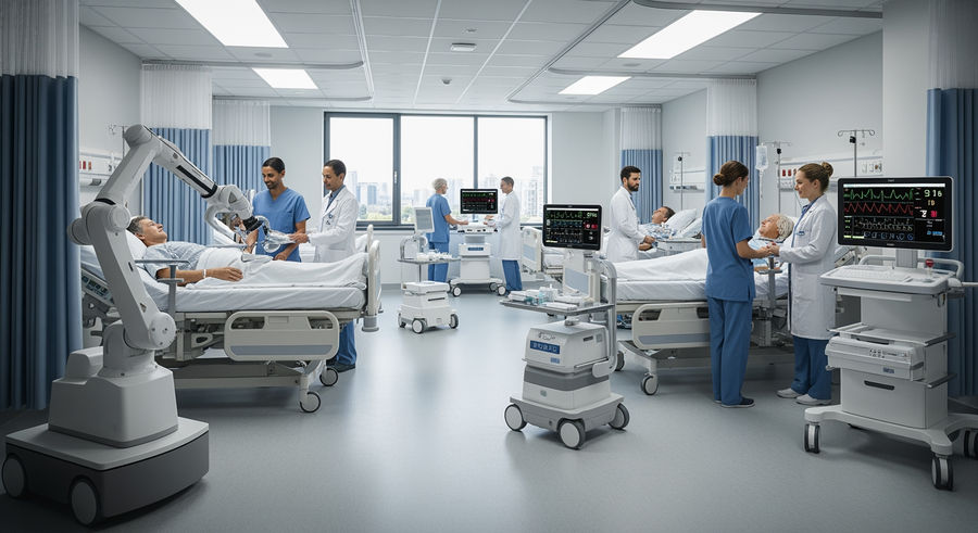 hospital room with multiple robotic devices in use