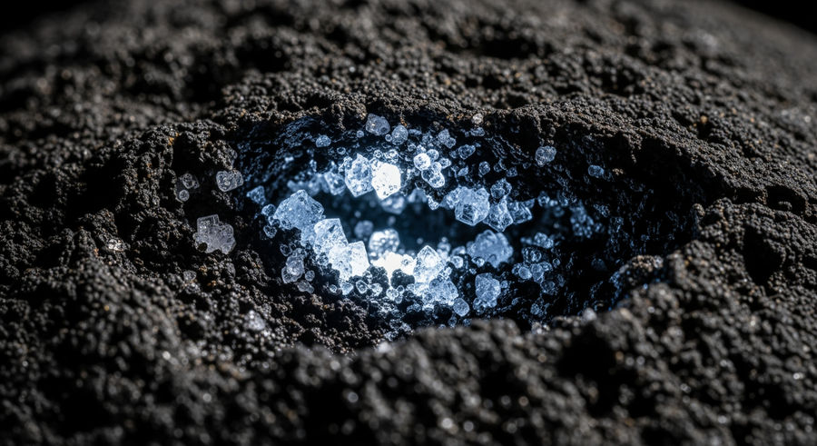 Close-up of lunar rock showing texture and potential water ice crystals
