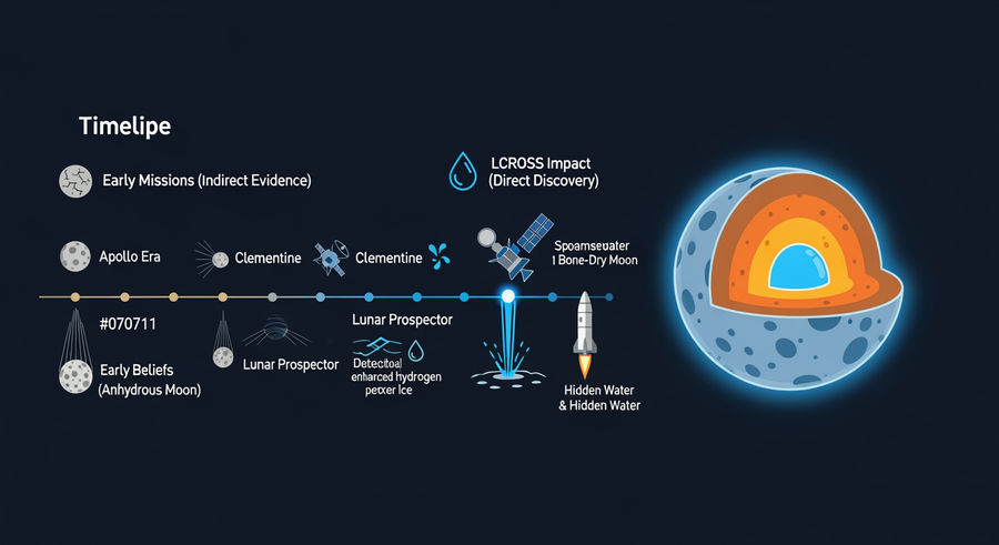 Timeline of moon water discovery from anhydrous to water ice