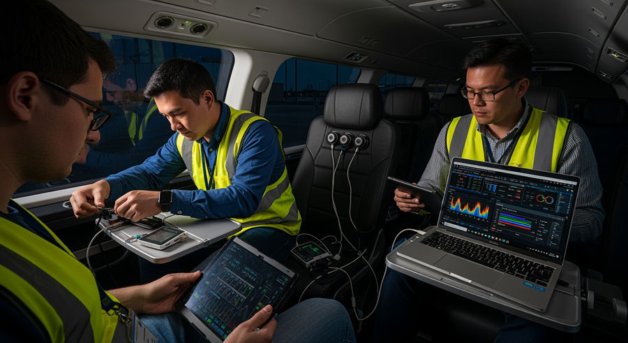 Engineers assessing air taxi comfort with sensors and equipment