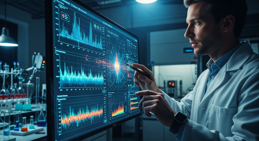 scientist using AI software on touchscreen interface with dynamic graphs and patterns
