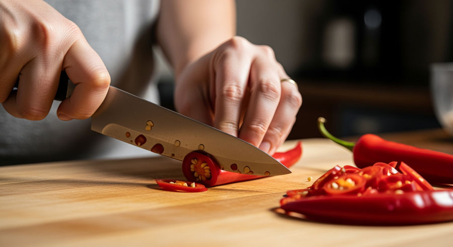 Person slicing chili peppers on a cutting board