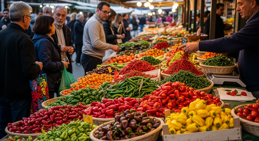 Market stall with various chili peppers in natural light
