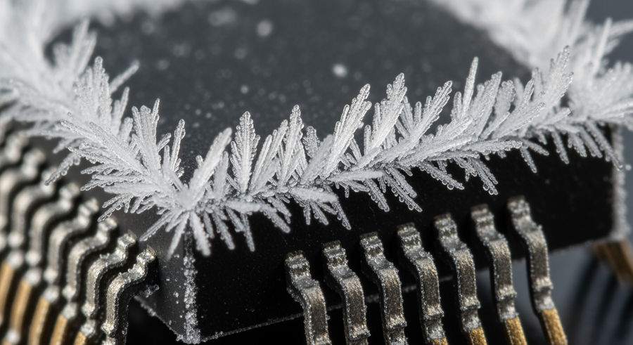 close-up of silicon carbide transistor with frost crystals