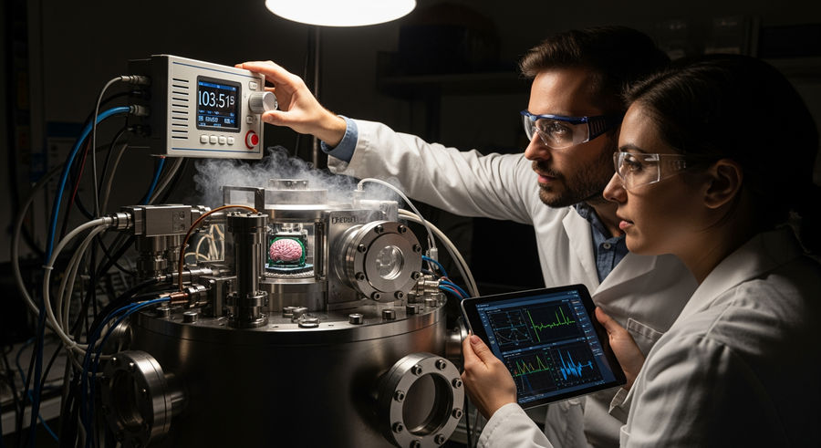 scientists adjusting cryogenic chamber for brain-inspired chip