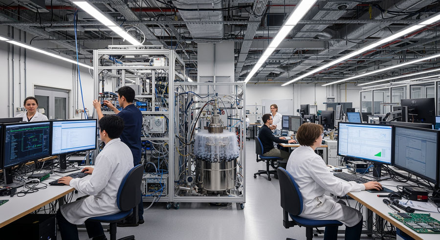 laboratory with cryogenic setup and scientists working