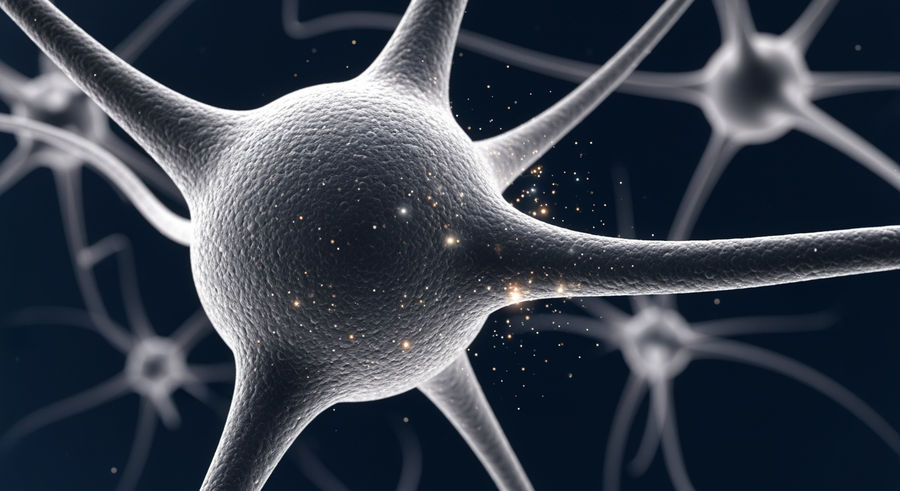 Close-up of neuron with synapses and quantum particles interaction