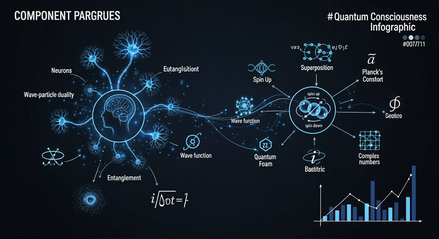Diagram of components in quantum consciousness theory with equations