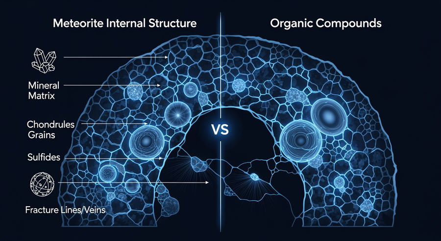 cross-section diagram of meteorite showing internal structure and organic compounds