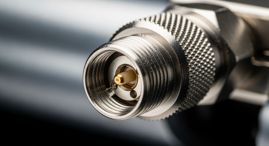 Close-up of VHF antenna connector showing metallic textures and engineering details
