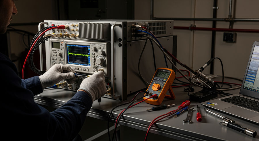 RF engineer adjusting VHF radio transmitter with tools and equipment on-site