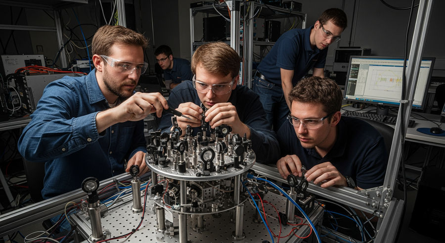Scientists assembling and calibrating quantum computer